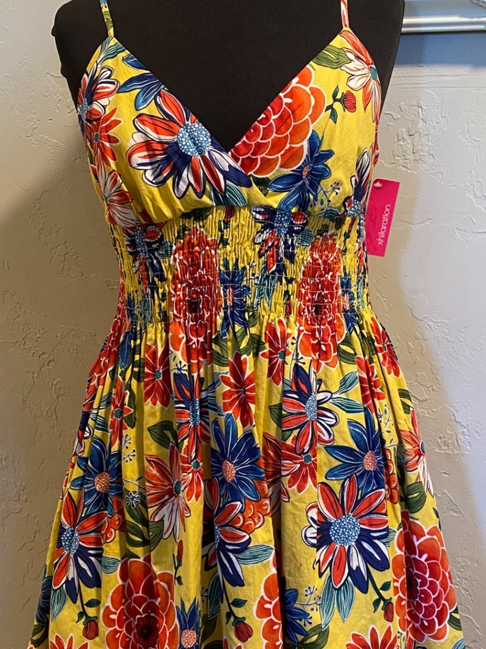 Xhilaration Yellow Strapless Floral Smocked Sundress with Red & Blue Blooms